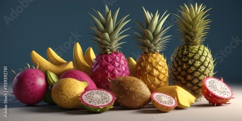 A colorful assortment of tropical fruits, including yellow and red dragon fruits, pineapples, and exotic coconuts, displayed vibrantly on a neutral background photo