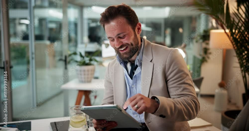 Man, laughing and tablet for office email, professional journalist and article research on fashion. Male person, scroll and funny client quote for info on style trend, communication and news agency Man, laughing and tablet for office email, professional journalist and article research on fashion. Male person, scroll and funny client quote for info on style trend, communication and news agency