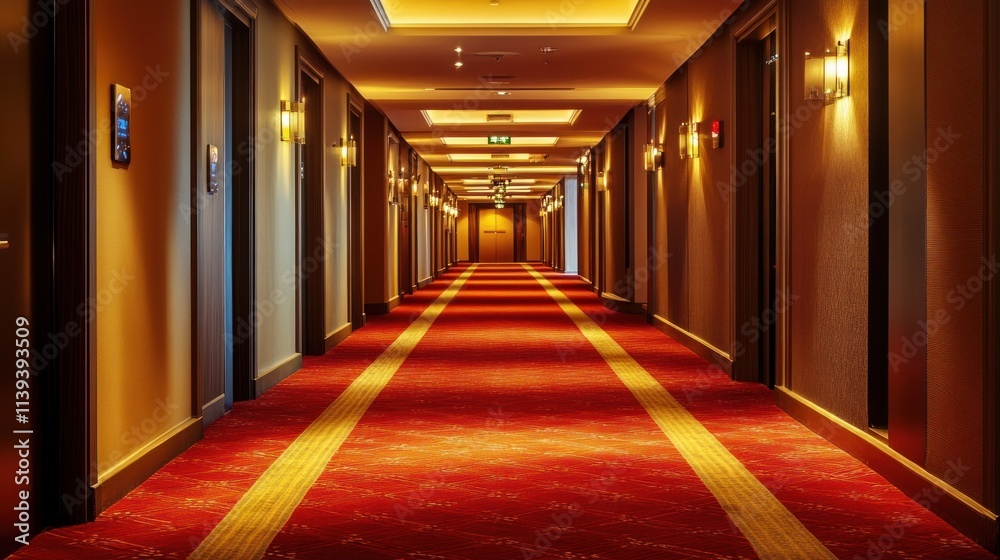 Luxury Hotel Corridor: Red Carpet, Golden Lights, Elegant Interior Luxury Hotel Corridor: Red Carpet, Golden Lights, Elegant Interior