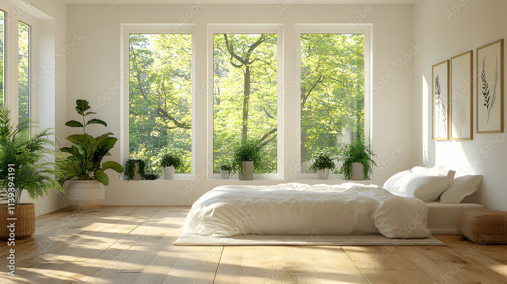 Fototapeta premium Serene Bedroom Design, Sunlit Room with White Bedding, Lush Greenery, and Minimalist Decor, Creating a Tranquil Atmosphere