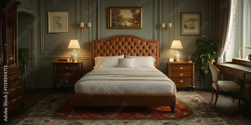 Elegant Master Bedroom, Luxurious Leather Bed in a Classic Setting with Antique Furniture and Artwork Elegant Master Bedroom, Luxurious Leather Bed in a Classic Setting with Antique Furniture and Artwork