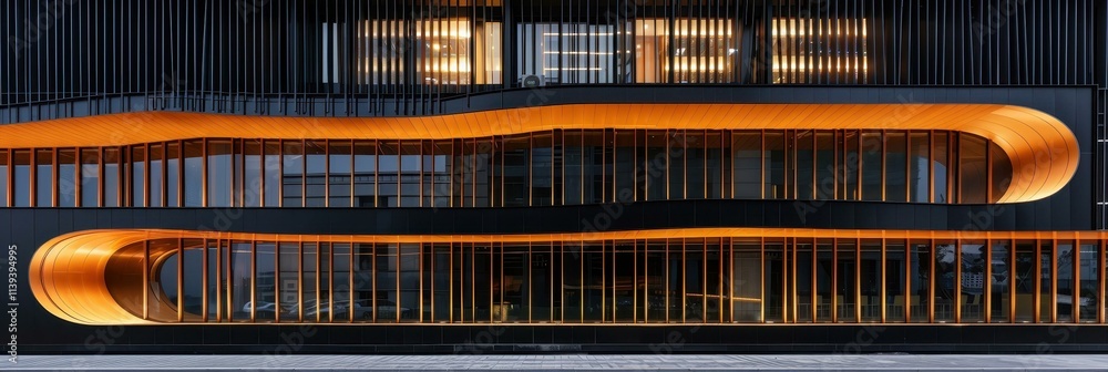 Sleek Modern Building with Striking Curved Facade and Warm Orange Accents Sleek Modern Building with Striking Curved Facade and Warm Orange Accents
