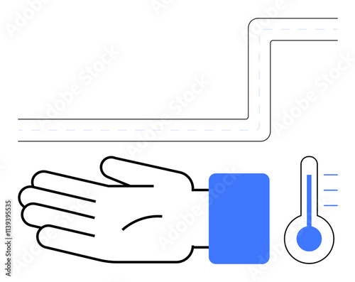 Hand, thermometer showing cold, blue elements. Ideal for themes temperature, sensory perception, health, cold weather, medicine awareness and human senses. Line metaphor