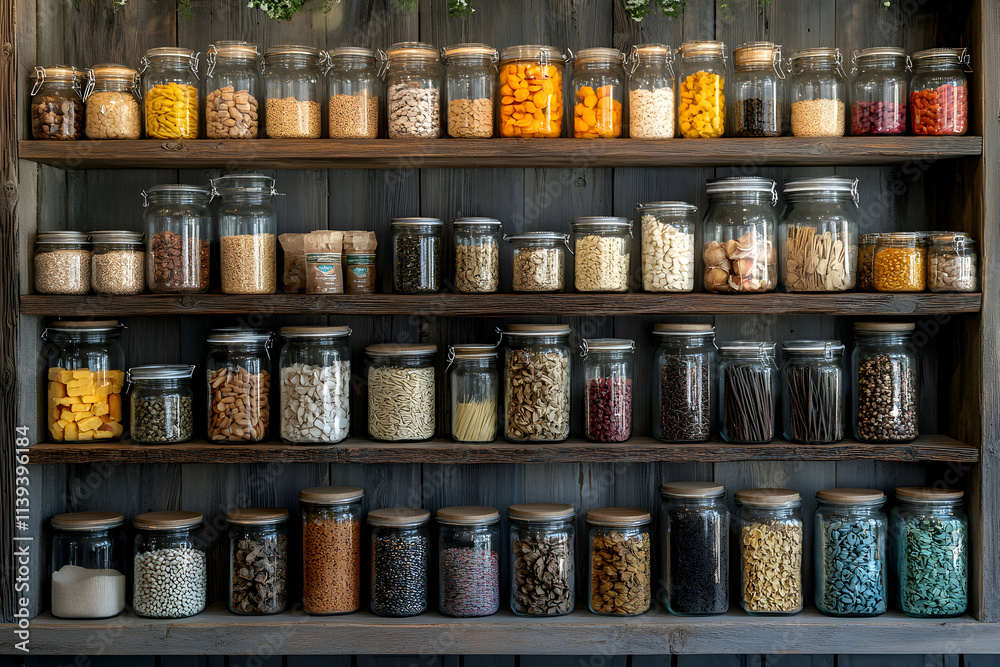 custom made wallpaper toronto digitalOrganized Pantry, Dried Goods & Grains in Glass Jars on Wooden Shelves. A Bountiful Collection of Food Items Carefully Arranged for Easy Access and Visual Appeal.