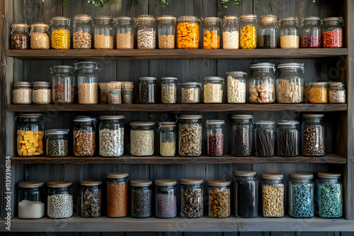 Wallpaper Mural Organized Pantry, Dried Goods & Grains in Glass Jars on Wooden Shelves.  A Bountiful Collection of Food Items Carefully Arranged for Easy Access and Visual Appeal. Torontodigital.ca