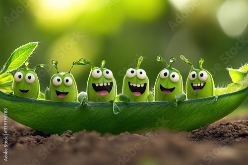 A playful pea pod with tiny faces on each pea, laughing and chatting with one another photo