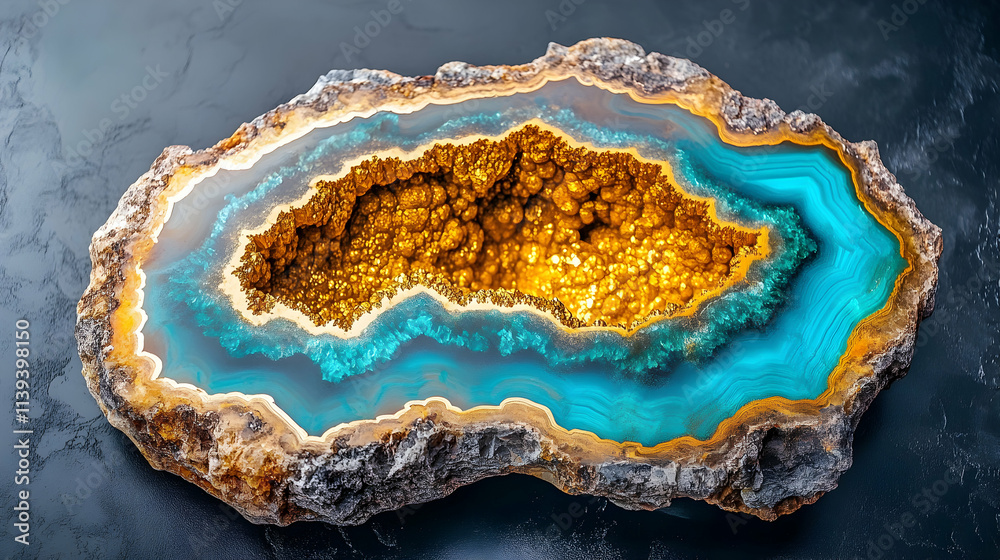 Fototapeta premium Stunning Geode, Blue and Gold Agate Slice, Vibrant Mineral Formation on Dark Background