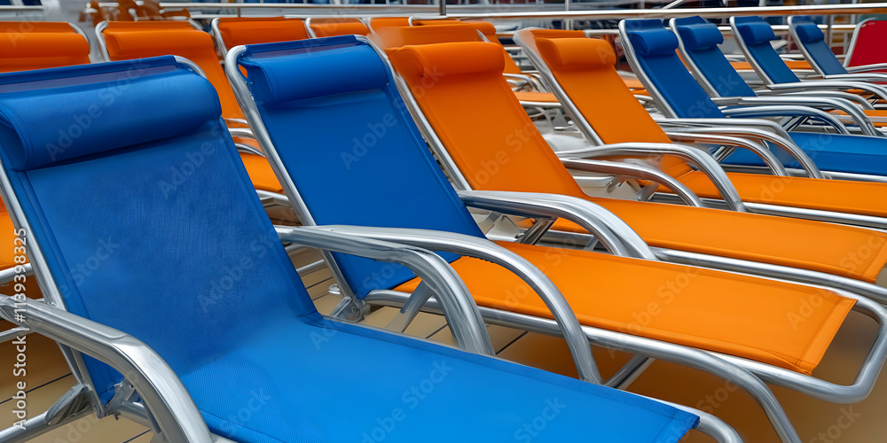 Fototapeta premium Vibrant Blue and Orange Deck Chairs Await Relaxation on Sunny Day