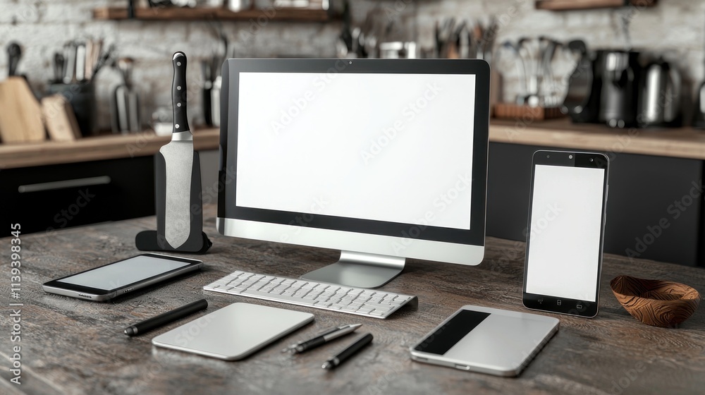 Fototapeta premium Modern Workspace Mockup: Devices and Kitchen
