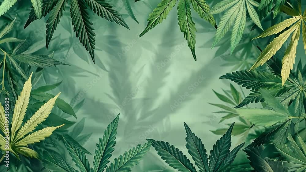 Marijuana leaves in the breeze in silhouette against a green out of focus background creating negative space and evoking a sense of freshness for legal cannabis advertisement background.