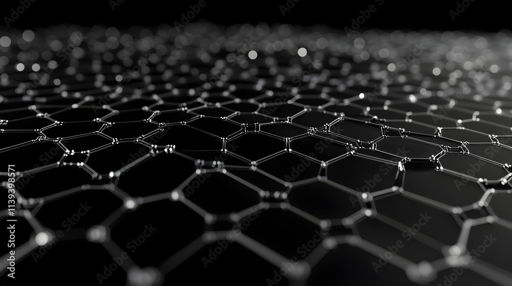 Obraz premium Network connection concept black background vector illustration. Futuristic hexagon perspective wide angle lanscape. Futuristic honeycomb concept. 3d landscape. Big data digital background