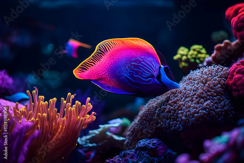 Exploring the diverse marine life of a coral reef through vibrant, colorful fish in an immersive underwater scene. Immersive appeal