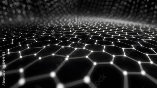  Network connection concept black background vector illustration. Futuristic hexagon perspective wide angle lanscape. Futuristic honeycomb concept. 3d landscape. Big data digital background