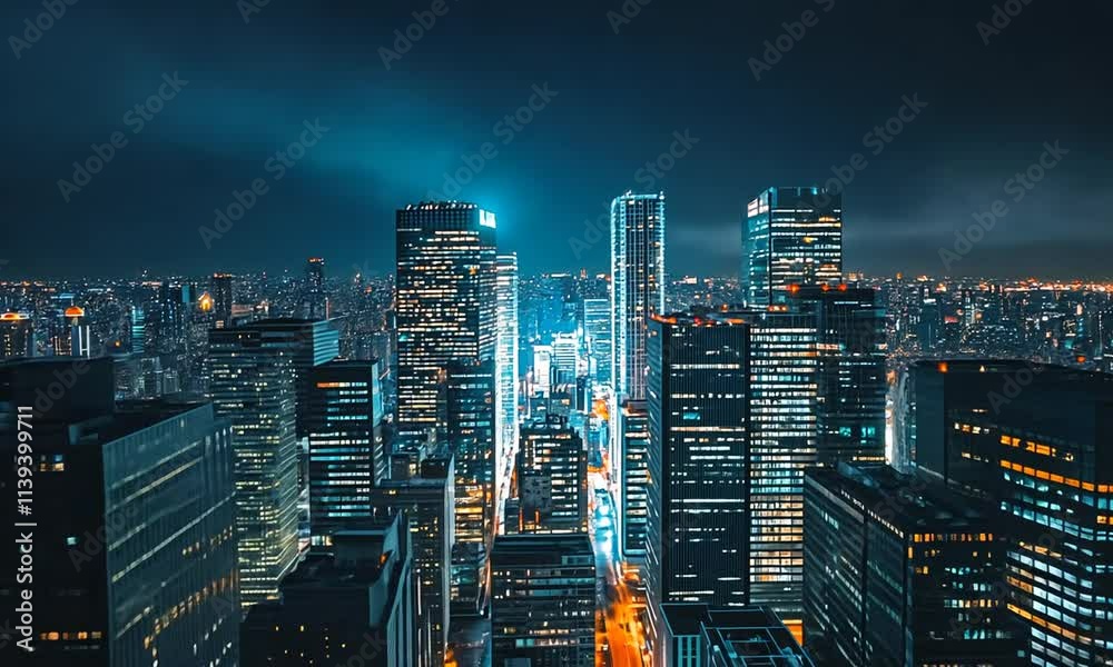 Night cityscape showcasing illuminated skyscrapers and city lights. Night cityscape showcasing illuminated skyscrapers and city lights.