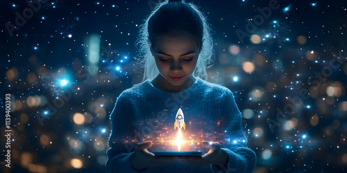 Girl Launching Rocket from Smartphone, A Magical Nighttime Space Exploration Adventure.