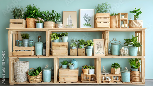 Wallpaper Mural Wooden Shelf Decor,  A Lush Collection of Potted Plants, Rustic Containers, and Charming Artwork Arranges Beautifully. Torontodigital.ca