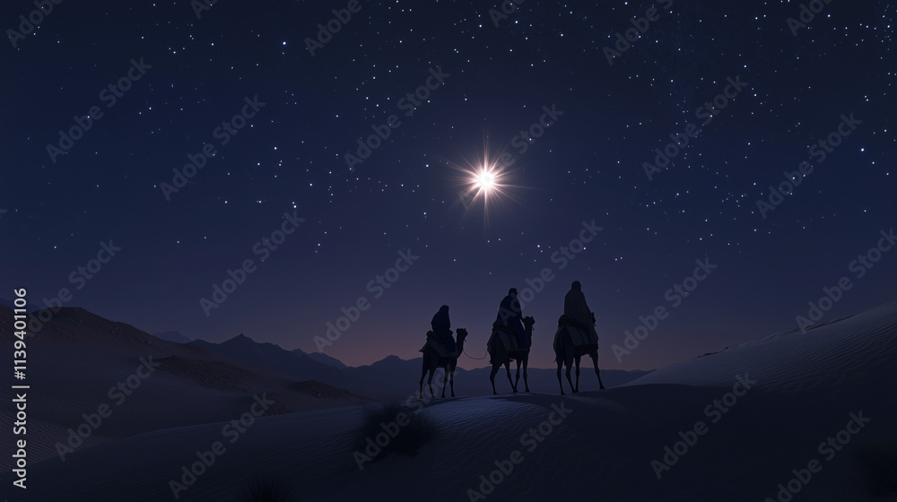The Christmas star in the night sky and the three wise men on camels walking towards the shining bright star of Bethlehem. The concept of Epiphany, the Nativity of Jesus The Christmas star in the night sky and the three wise men on camels walking towards the shining bright star of Bethlehem. The concept of Epiphany, the Nativity of Jesus