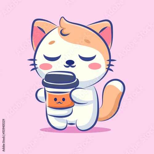 cute cats is tired and drink coffee vector cartoon design for elements, clipart and sticker