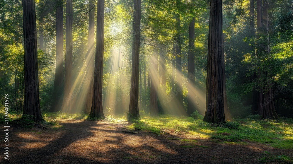 Obraz premium Sunbeams Filtering Through Tall Trees in a Green Forest