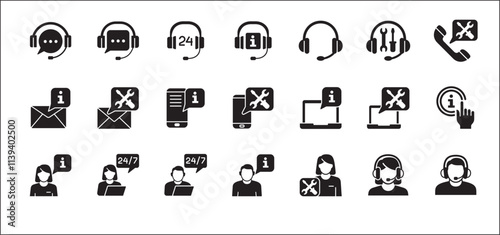 Customer service and support icon set. Containing icons of help, technical, assistance, assistant, agent, hot line, contact, call, staff, operator, mail, manual book. Vector stock in flat solid design