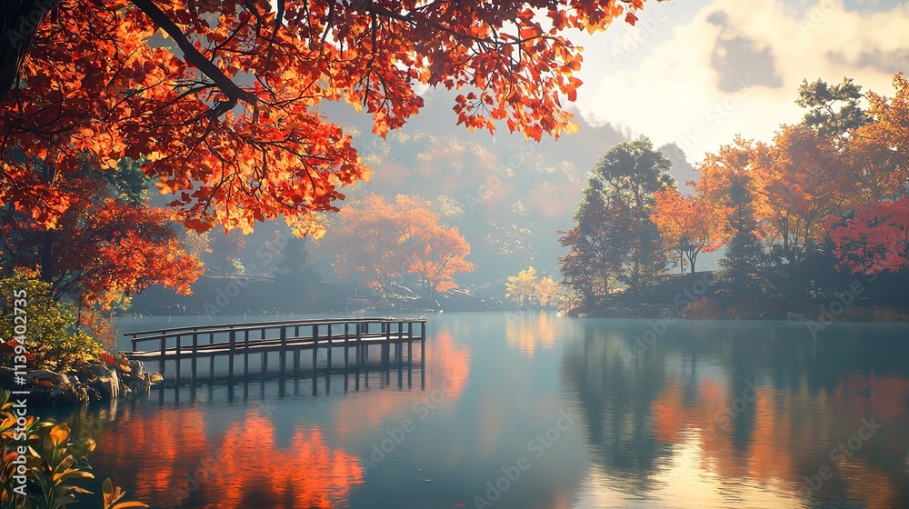 Obraz premium A Serene Autumn Landscape with Colorful Fall Leaves