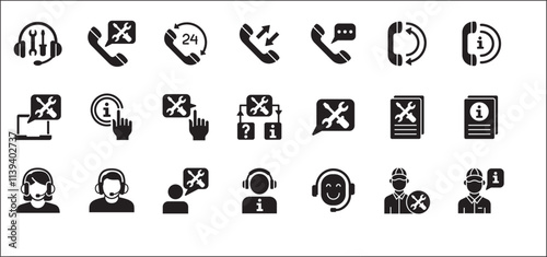 Customer service and support icon set. Containing icons of help, technical, assistance, assistant, agent, hot line, contact, call, staff, operator, mail, manual book. Vector stock in flat solid design