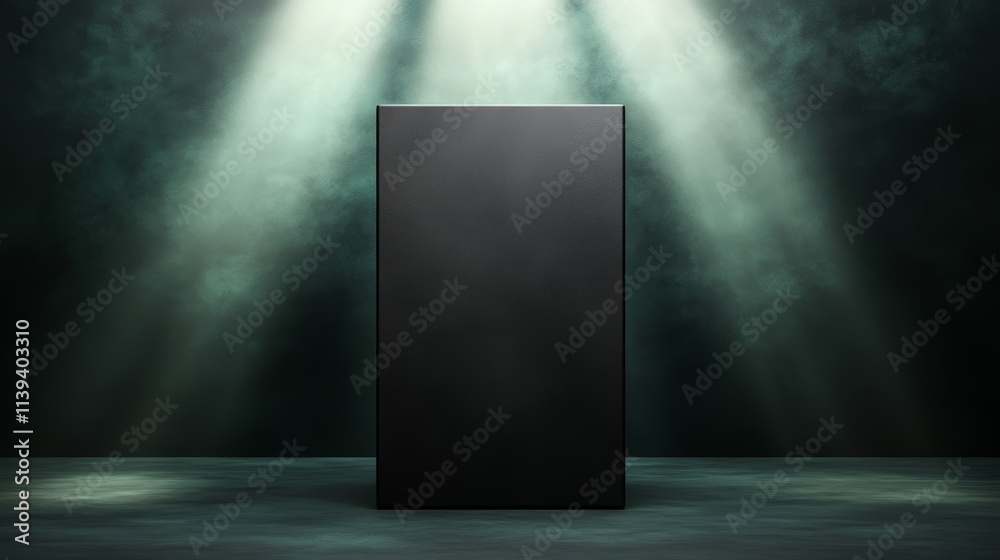 Dramatic spotlight on a lone black podium, platform for achievement and recognition in dark setting