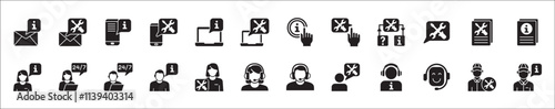 Customer service and support icon set. Containing icons of help, technical, assistance, assistant, agent, hot line, contact, call, staff, operator, mail, manual book. Vector stock in flat solid design