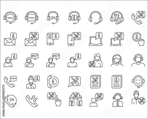 Customer service and support icon set. Containing icons of help, technical, assistance, assistant, agent, hot line, contact, call, staff, operator, mail, manual book. Vector stock in thin line design