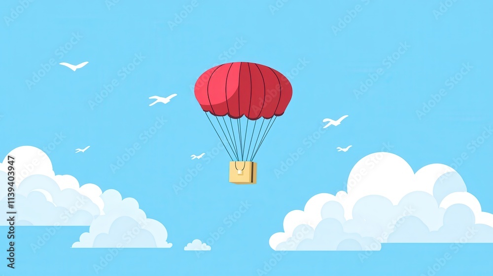 Fototapeta premium A Box flying on a parachute with pink cloud,vector illustration of package flying down from sky and cloud with parachute, concept for delivery service,shopping online,air delivery service.