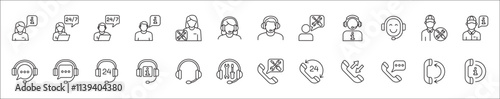 Customer service and support icon set. Containing icons of help, technical, assistance, assistant, agent, hot line, contact, call, staff, operator, mail, manual book. Vector stock in thin line design