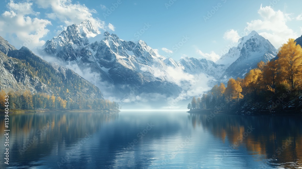 Fototapeta premium Serene Autumn Reflections Majestic Mountain Lake Vista