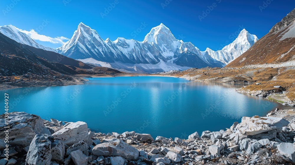 Naklejka premium Serene Turquoise Lake amidst Majestic Snow-Capped Peaks of the Himalayas