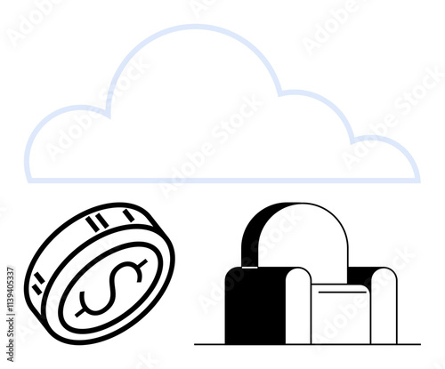 Cloud shape, dollar coin, and secure vault represent financial data storage and security. Ideal for finance, technology, cloud storage, cybersecurity, online banking savings digital economy. Line