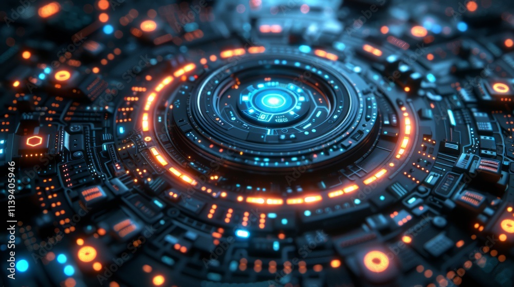Futuristic blue tech circuit with orange glow. Futuristic blue tech circuit with orange glow.