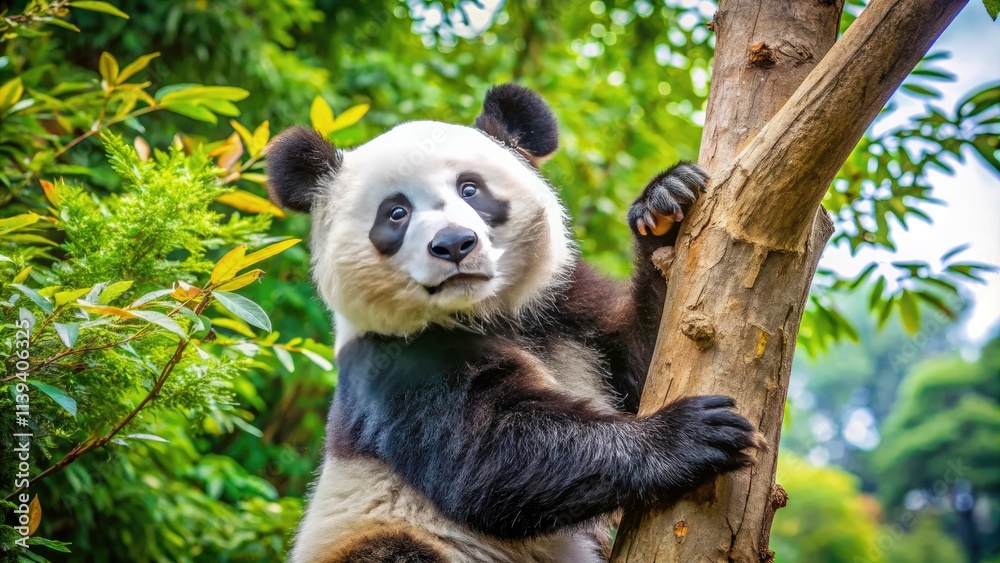 Obraz premium Panda Bear Reaching for Tree Branch - Cute Wildlife Photography, Adorable Animals, Nature Shots, Endangered Species Conservation, Animal Behavior, White Background