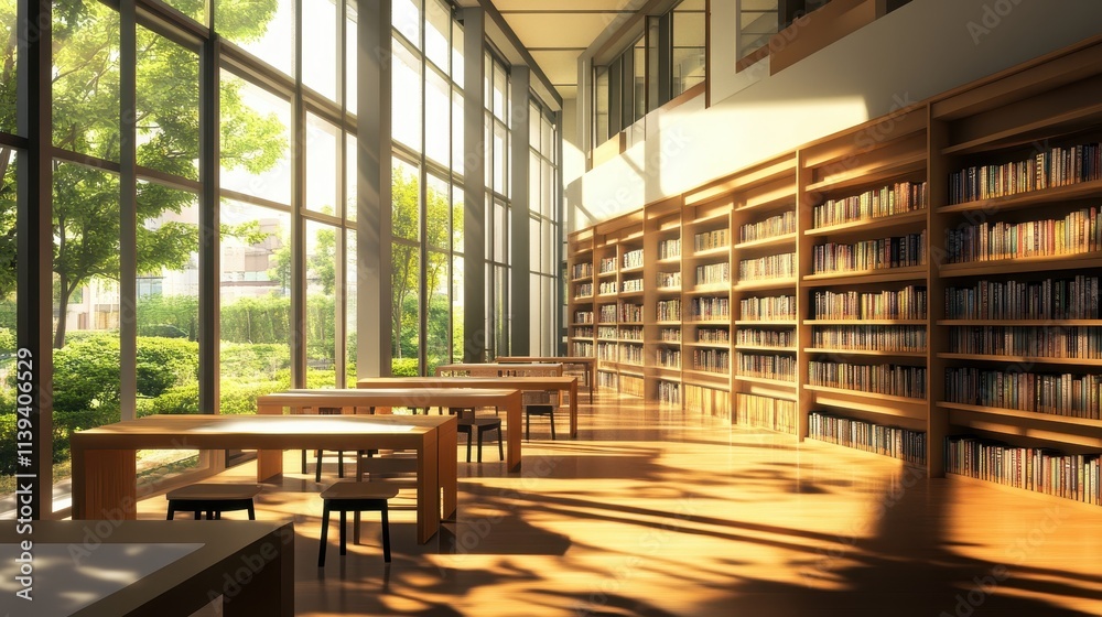 Modern library or bookstore interior with Learning and coworking space,relax zone,Library with rows of bookshelves arranged,school,university,shared desk and chairs,panoramic window. Modern library or bookstore interior with Learning and coworking space,relax zone,Library with rows of bookshelves arranged,school,university,shared desk and chairs,panoramic window.