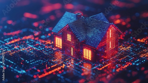 A futuristic digital house illuminated in red and blue, set against a backdrop of a network-like grid, symbolizing technology in real estate.