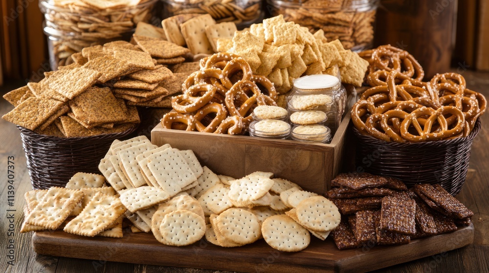 A delightful assortment of crackers, pretzels, and biscuits, arranged on a rustic wooden table. The image showcases a variety of textures and flavors, perfect for a snack or party. A delightful assortment of crackers, pretzels, and biscuits, arranged on a rustic wooden table. The image showcases a variety of textures and flavors, perfect for a snack or party.