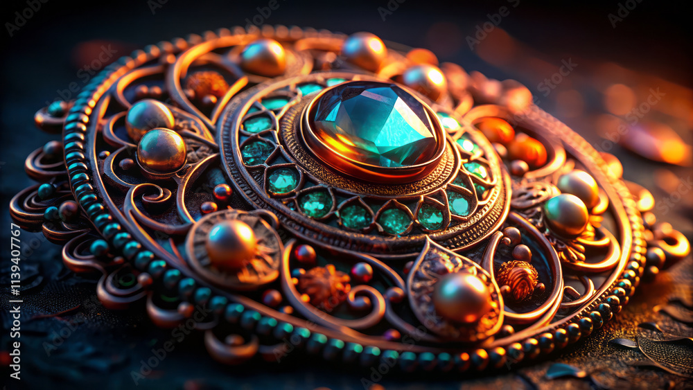 Fototapeta premium Intricately detailed burnished copper jewel with large blue gemstone, surrounded by colorful beads and ornate patterns, creating stunning visual effect