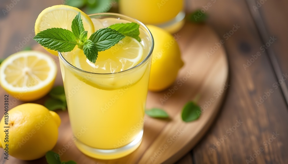 Refreshing Honey Lemonade with Lemon Slices and Mint on a Wooden Table Refreshing Honey Lemonade with Lemon Slices and Mint on a Wooden Table