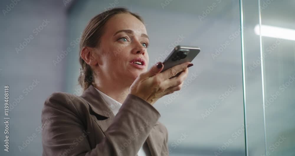 Modern office: Close up of successful businesswoman recording voice message in app to business partner using smartphone. Professional female marketing specialist works in large E-commerce company. Modern office: Close up of successful businesswoman recording voice message in app to business partner using smartphone. Professional female marketing specialist works in large E-commerce company.