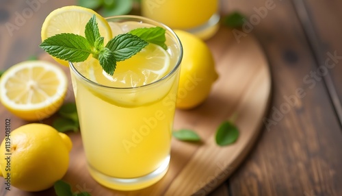 Refreshing Honey Lemonade with Lemon Slices and Mint on a Wooden Table