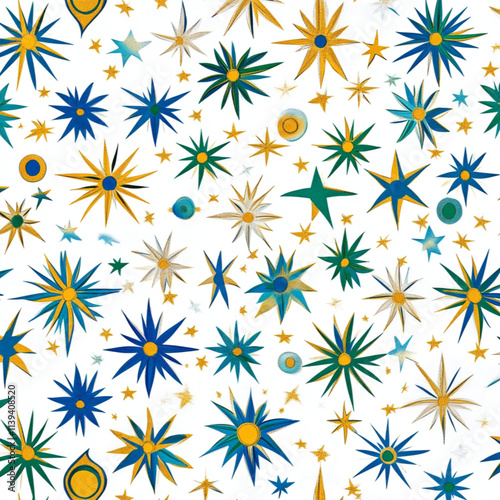 A vibrant Islamic pattern with stars and crescents in shades of gold, blue, and green, white background 