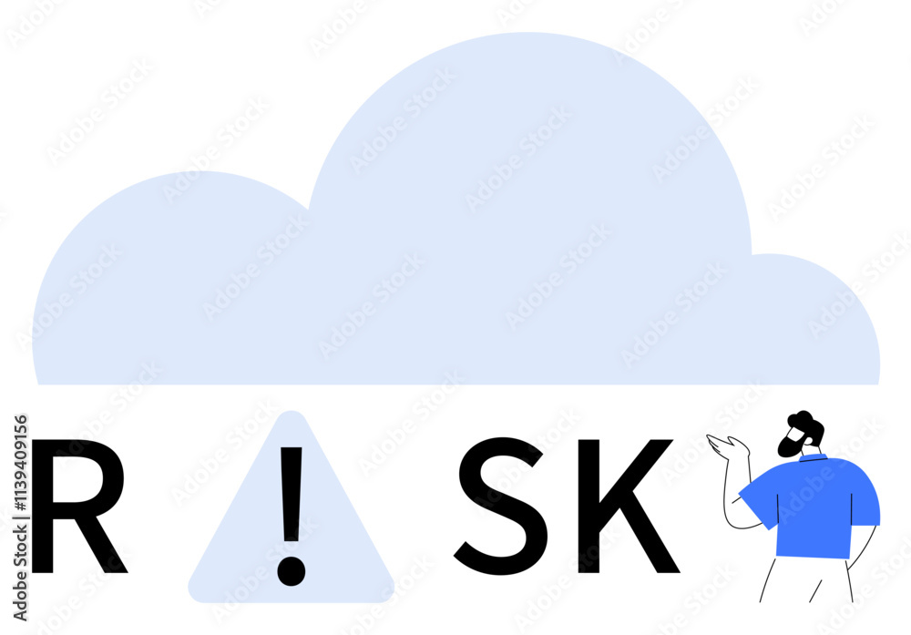Man gesturing towards large cloud and exclamation mark warning sign embedded in the word RISK. Ideal for risk management, cybersecurity, business strategy, caution advisory, decision-making, safety Man gesturing towards large cloud and exclamation mark warning sign embedded in the word RISK. Ideal for risk management, cybersecurity, business strategy, caution advisory, decision-making, safety