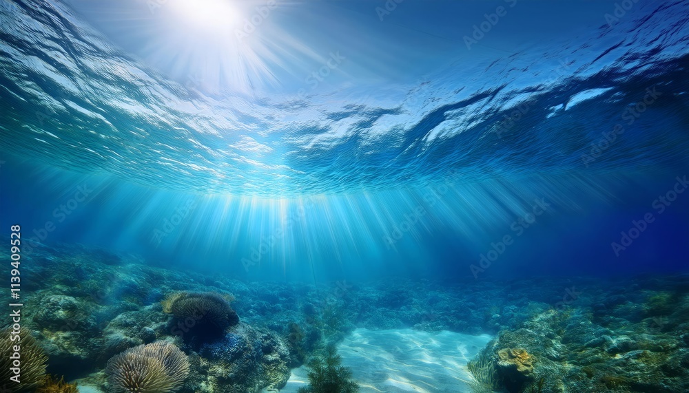 Fototapeta premium Tranquil underwater scene with sunlight rays piercing the deep blue ocean