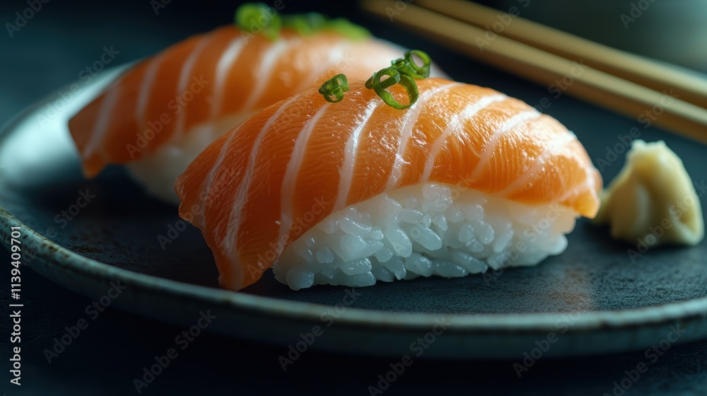 black background, on the right side of the plate one piece of sushi with salmon and some wasabi, next to it there are chopsticks, against a dark grey textured backdrop, professional food photography black background, on the right side of the plate one piece of sushi with salmon and some wasabi, next to it there are chopsticks, against a dark grey textured backdrop, professional food photography
