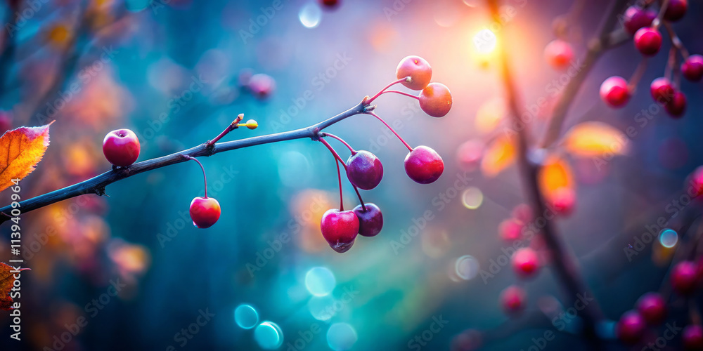 Delicate red berries on branch, surrounded by soft bokeh and warm light, creating tranquil and moody atmosphere Delicate red berries on branch, surrounded by soft bokeh and warm light, creating tranquil and moody atmosphere