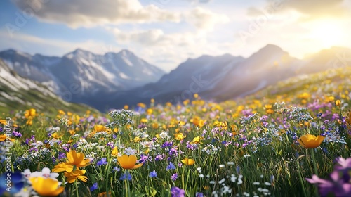 A Vibrant Sunny Mountain Landscape with Flowers