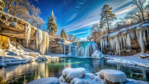 Stunning Frozen Waterfall in Montello, Wisconsin - Panoramic View of Nature's Icy Beauty, Winter Wonderland, Scenic Landscape, Outdoor Adventure, Crystal Clear Ice Formations